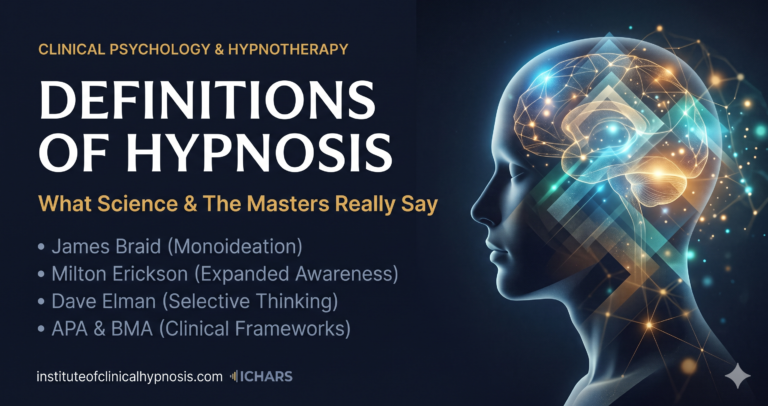 Definitions of Hypnosis - clinical psychology & hypnotherapy banner with glowing brain illustration