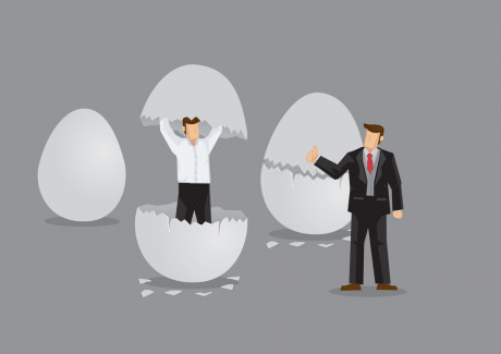 Graphic representing a metaphorical story being used by a politician involving a man hiding himself in eggshells