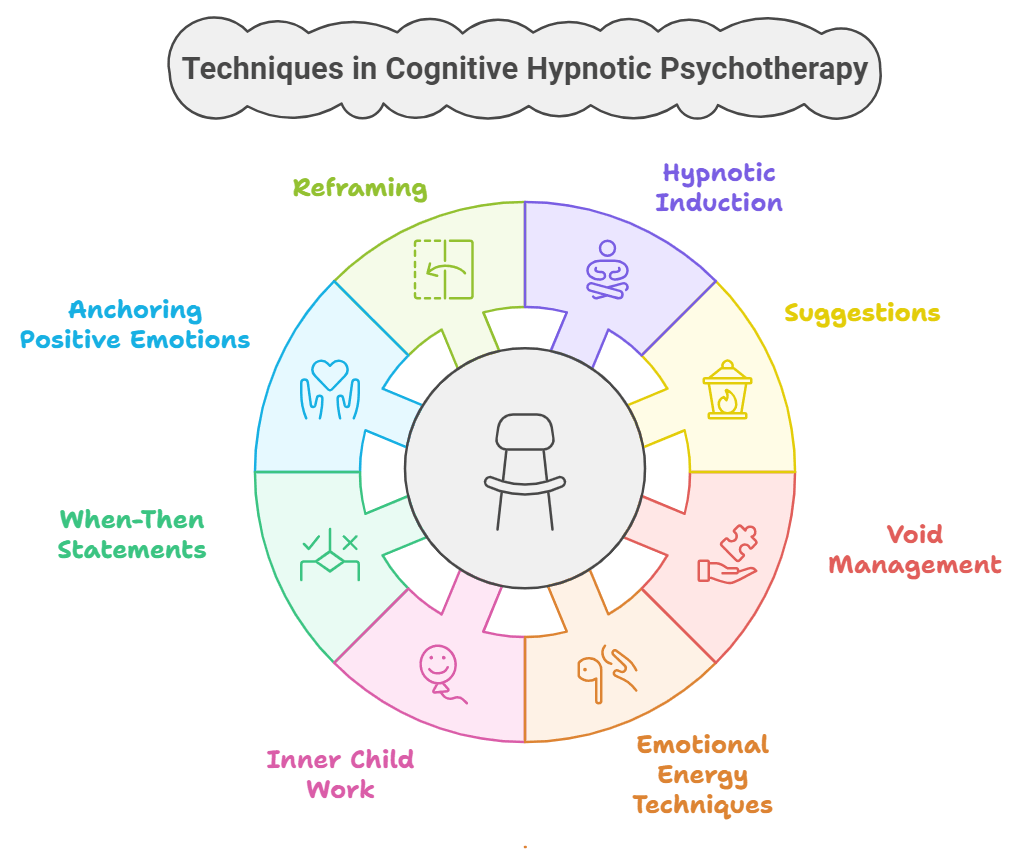 Infographic that lists techniques from Cognitive Hypnotic Psychotherapy to help clients overcome addiction