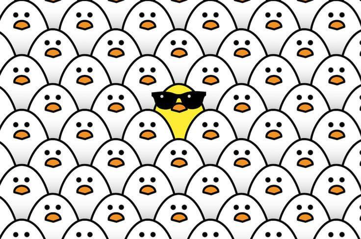 Graphic representing a person standing out of a crowd of people