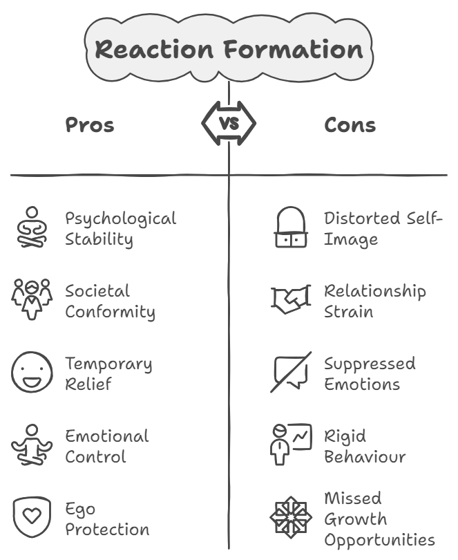 infographics representing pros and cons of defense mechanism of reaction formation