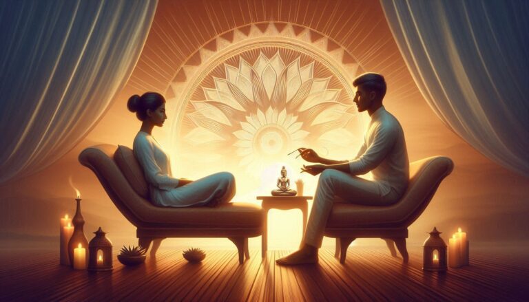 Two individuals practicing deep meditation in a serene ambiance surrounded by warm candlelight and a vibrant mandala backdrop, symbolizing balance and inner healing through NLP therapy techniques.