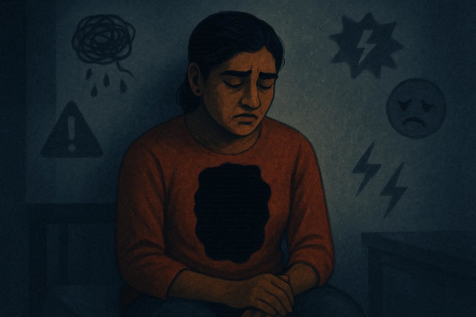 A stressed person sitting with a sad expression, surrounded by abstract symbols of anxiety, overthinking, and emotional pressure, depicting mental health struggles and emotional distress. void management