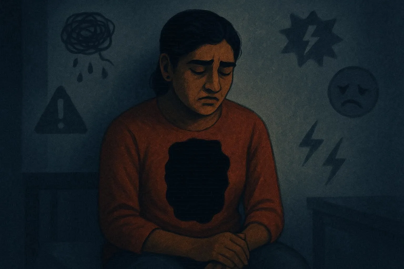 A stressed person sitting with a sad expression, surrounded by abstract symbols of anxiety, overthinking, and emotional pressure, depicting mental health struggles and emotional distress. void management