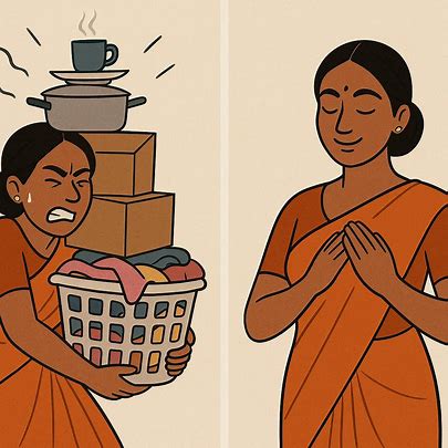 Illustration of a woman overwhelmed with chores, finding peace through mindfulness, self-care, stress relief, caregiver therapy, caregiver stress and emotional balance.