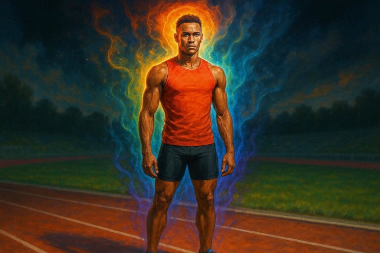 Athlete mental performance, standing confidently on a running track in an orange tank top, surrounded by a vibrant energy aura symbolizing peak mindset and athletic discipline.