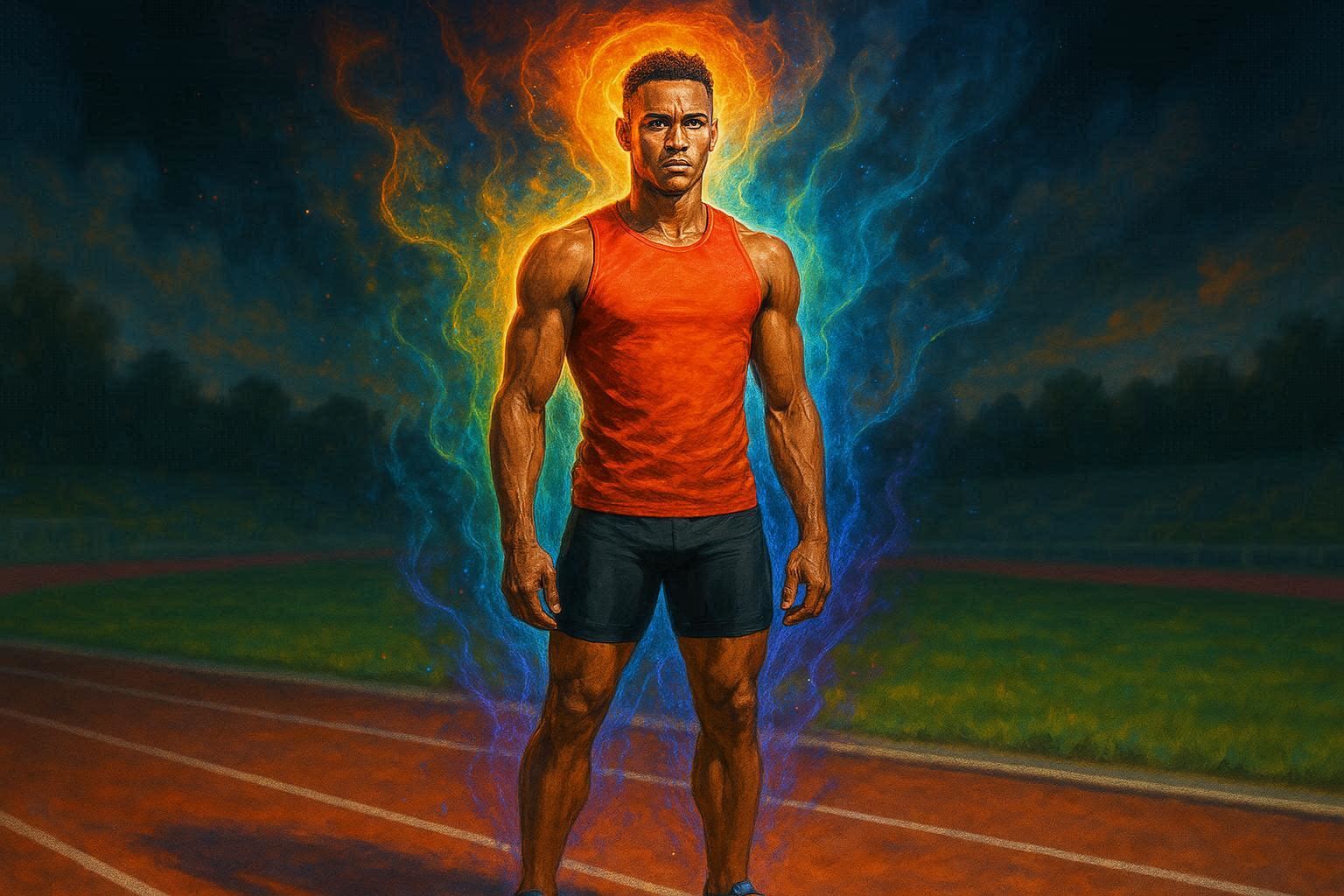 Athlete mental performance, standing confidently on a running track in an orange tank top, surrounded by a vibrant energy aura symbolizing peak mindset and athletic discipline.
