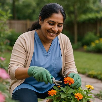 Smiling woman in blue shirt and gloves happily trimming flowers in a lush garden, gardening activity, outdoor plant care, horticulture, and joyful nature moment caregiver stress