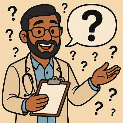 Cartoon doctor holding clipboard surrounded by question marks, symbolizing curiosity, medical inquiry, healthcare advice, and patient consultation, after Cognitive hypnotic psychotherapy
