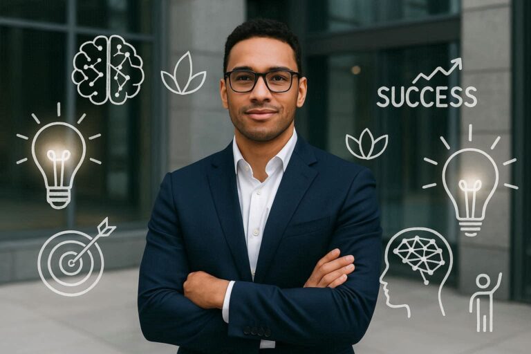 Confident businessman in a suit representing entrepreneurial performance, surrounded by success symbols, light bulbs, and brain icons that highlight innovation and strategic business thinking.