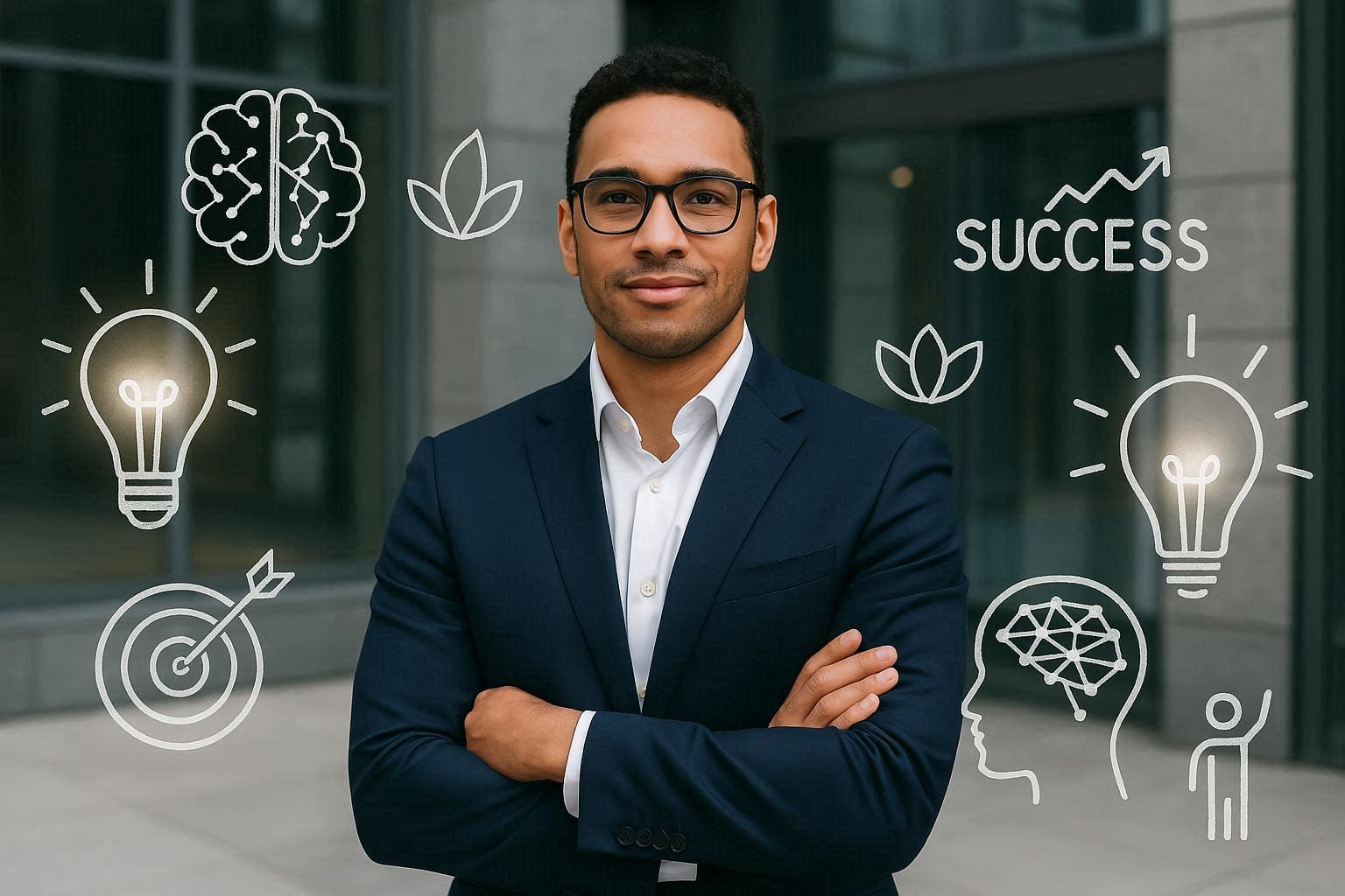 Confident businessman in a suit representing entrepreneurial performance, surrounded by success symbols, light bulbs, and brain icons that highlight innovation and strategic business thinking.