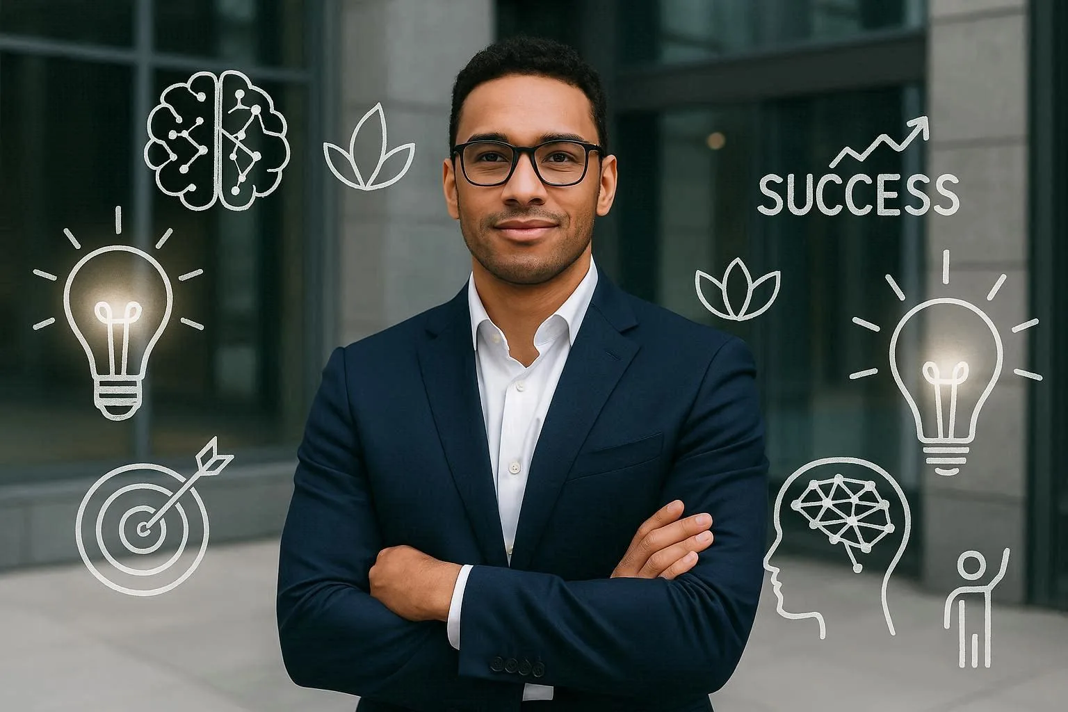 Confident businessman in a suit representing entrepreneurial performance, surrounded by success symbols, light bulbs, and brain icons that highlight innovation and strategic business thinking.