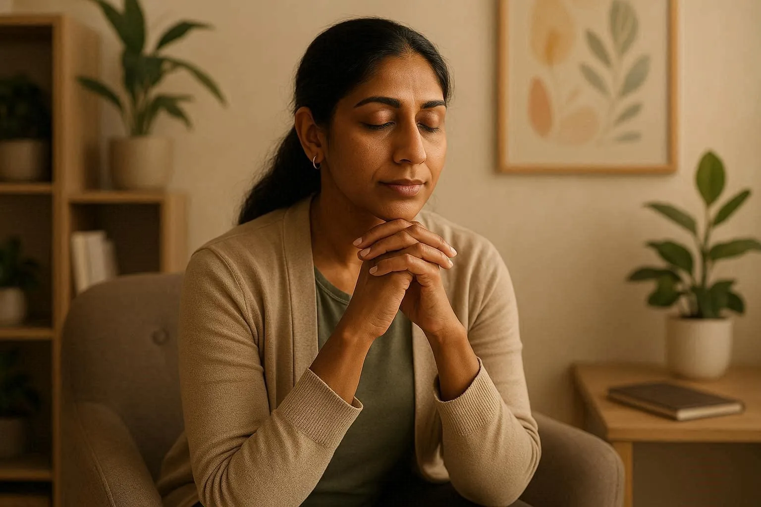 Woman meditating peacefully in cozy room surrounded by plants and artwork, indoor mindfulness, relaxation, serene home environment, and wellness practice. showing Cognitive hypnotic psychotherapy