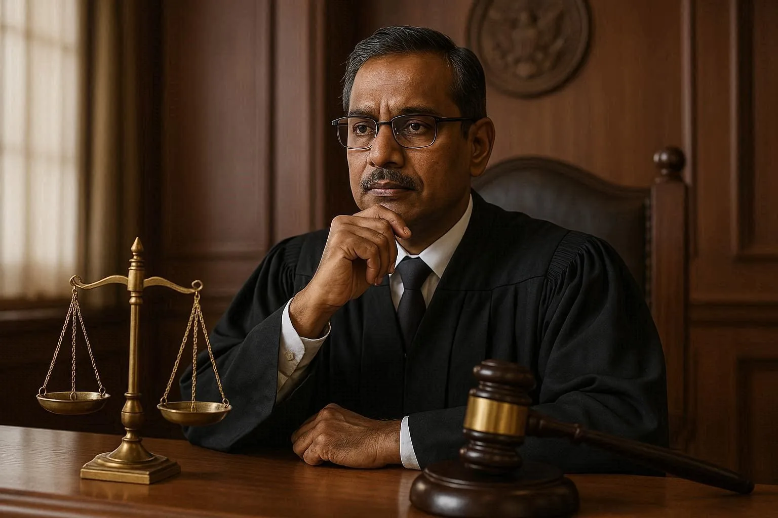 Judge sitting in courtroom with scales of justice and gavel, thoughtfully contemplating a case decision, legal judgment, courtroom scene, and law enforcement. judge stress