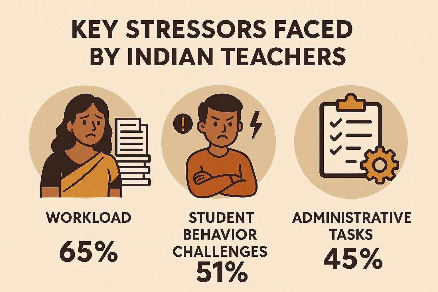 Key stressors for Indian teachers: 65% workload, 51% student behavior challenges, and 45% administrative tasks, highlighting teacher stress factors and education challenges in India.