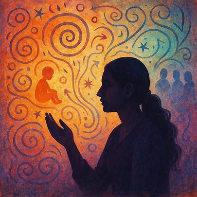 Silhouetted woman with extended hand surrounded by artistic swirls, stars, and child motifs in warm colors, creative expression, family theme, and vibrant abstract art. depicting Cognitive hypnotic psychotherapy
