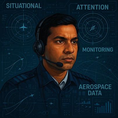 Aerospace engineer with headset analyzing data on screen; text includes situational, attention, monitoring, and data.