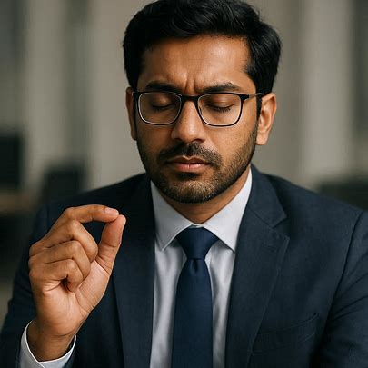 Businessman meditating with closed eyes, focusing in a professional environment, wearing a suit and glasses. judge stress