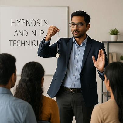 Instructor demonstrating hypnosis technique to seated audience, with 'Hypnosis and NLP Techniques' written on board behind, psychological coaching, mind training, surgical performance, and behavioral therapy session.