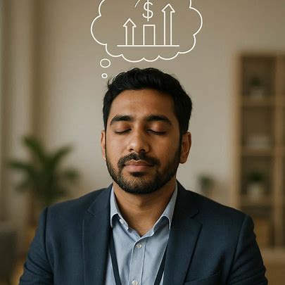 Man from sales and marketing in suit visualizing financial growth with a thought bubble showing an upward graph and dollar symbol.