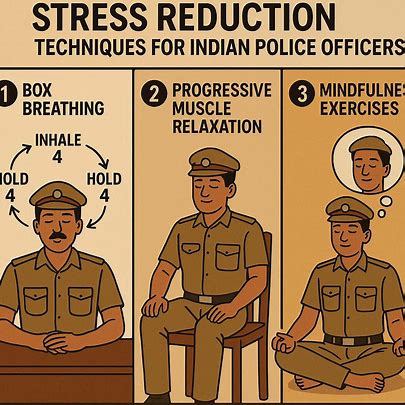 Stress reduction techniques for Indian police officers, featuring box breathing, muscle relaxation, and mindfulness exercises, boost police officer performance.
