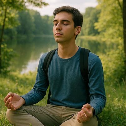Man meditating outdoors by a lake, sitting cross-legged with eyes closed, wearing a backpack, peaceful nature setting, mindfulness, outdoor meditation, relaxation in natural environment for students academic growth.