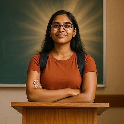 Young woman in glasses confidently standing at a podium in a classroom after boost in students academic, setting, emanating a sense of leadership.