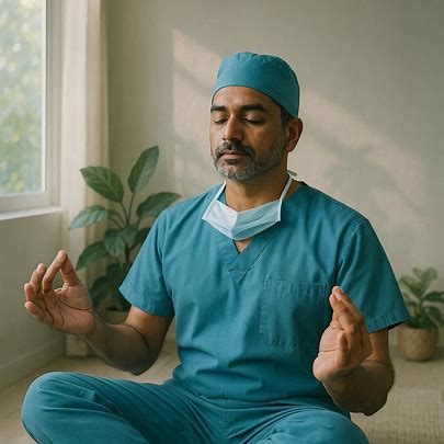 Doctor in scrubs and mask meditating near window, promoting mindfulness, relaxation, and wellness in a healthcare setting, medical professional self-care, and stress relief.
