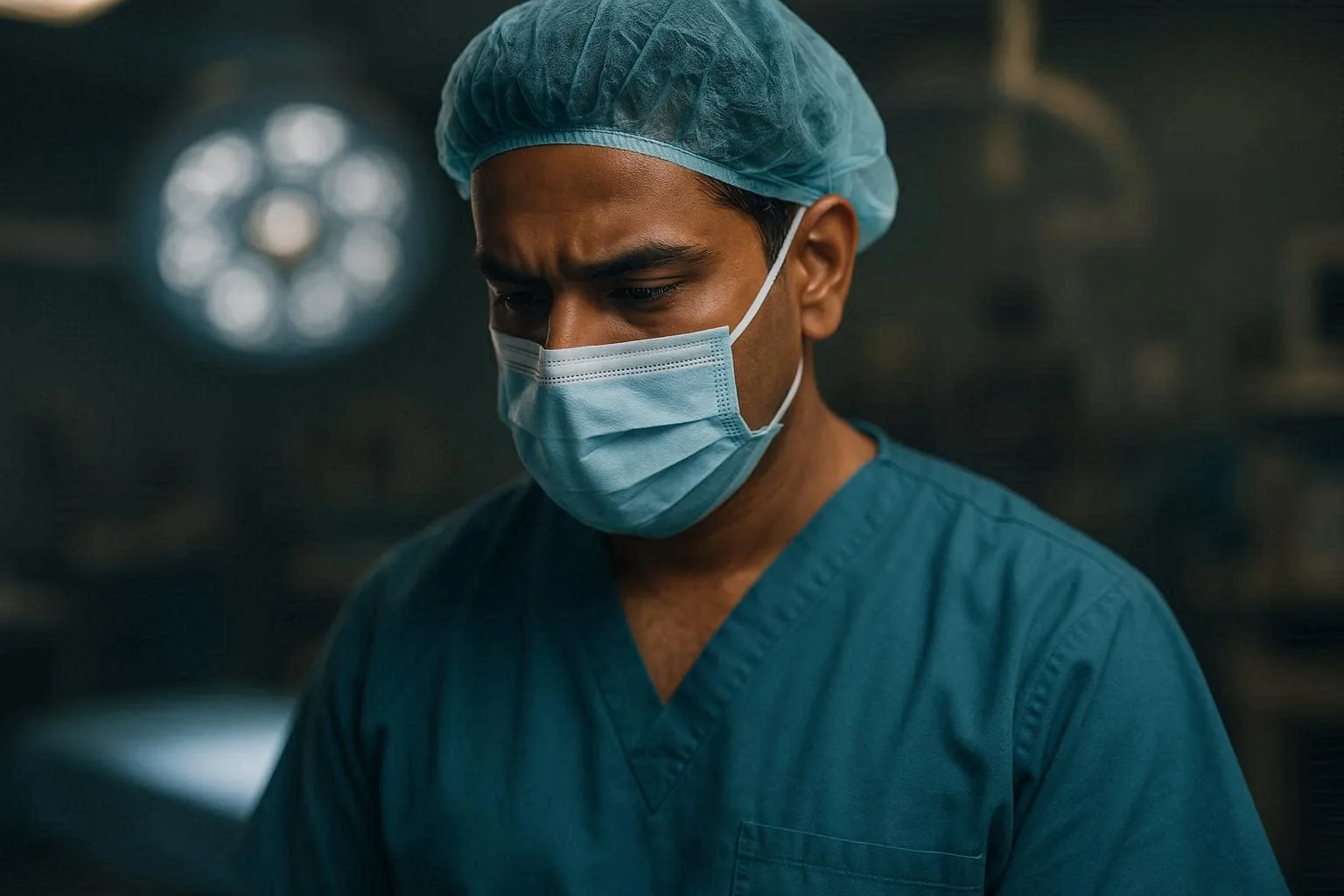 Surgeon in scrubs and mask, focusing intently in an operating room environment.