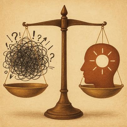 Scales balancing chaos and clarity, showing tangled wires on one side and an illuminated human head on the other, symbolizing confusion versus understanding, mental clarity, and decision-making. showing judge stress.