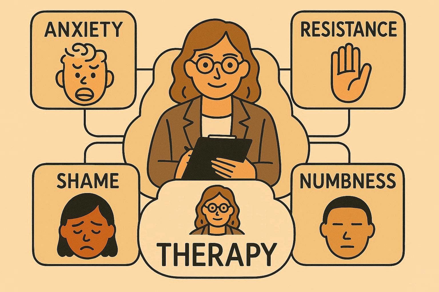Therapist providing compassionate mental health support, surrounded by symbolic icons of anxiety, resistance, shame, and emotional numbness, illustrating key therapy challenges and healing focus for anxiety and emotional wellness.