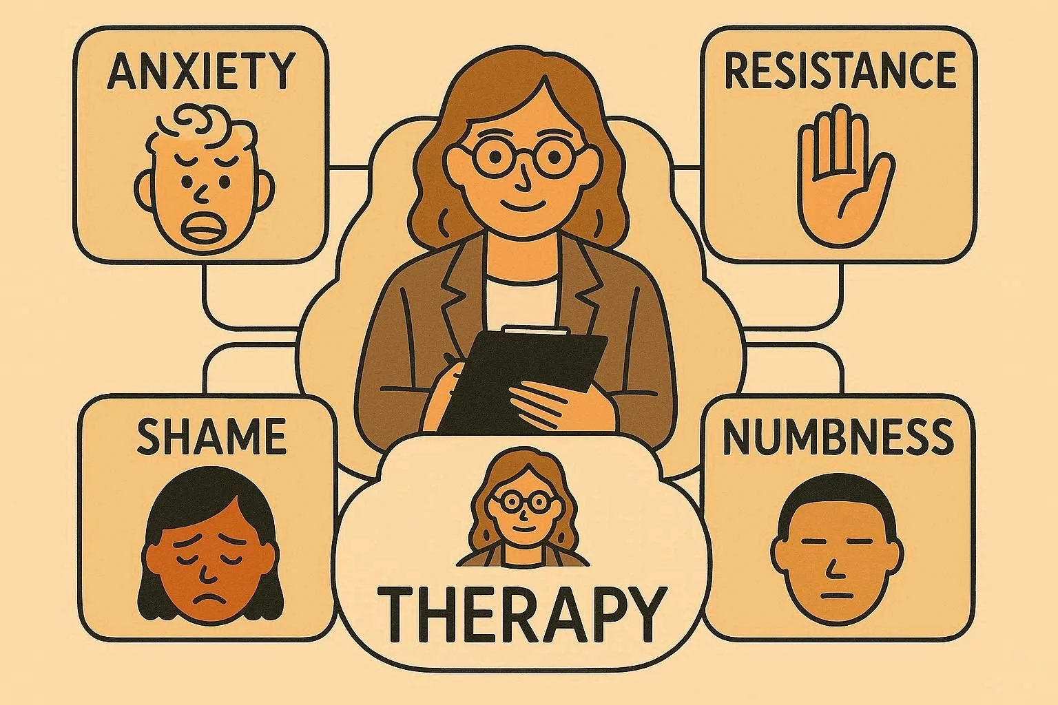 Therapist providing compassionate mental health support, surrounded by symbolic icons of anxiety, resistance, shame, and emotional numbness, illustrating key therapy challenges and healing focus for anxiety and emotional wellness.