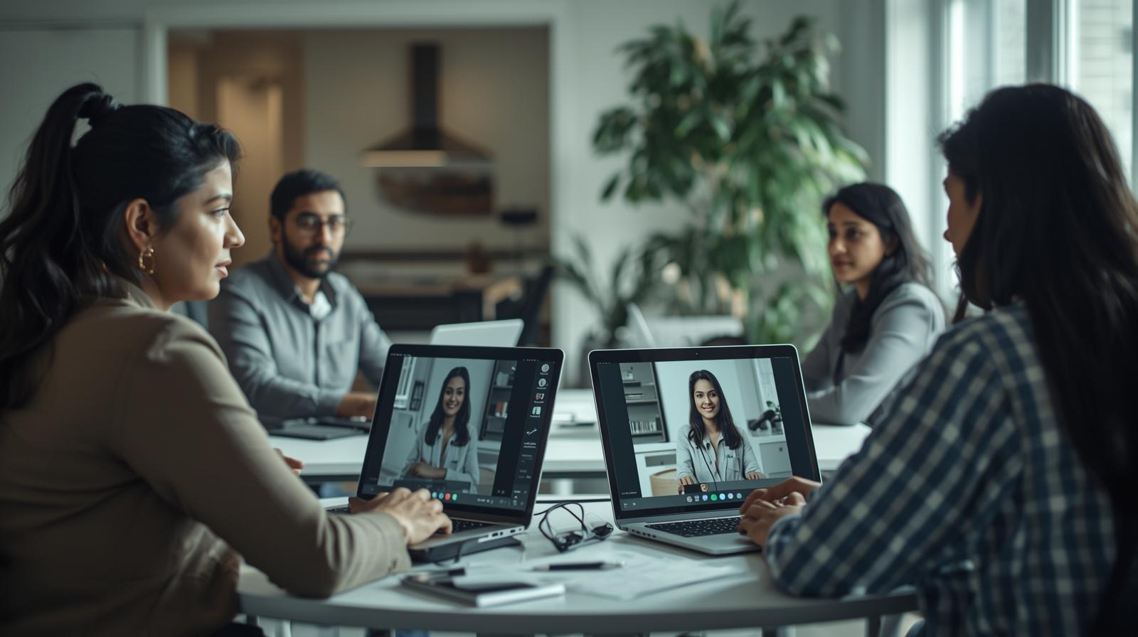 Team in a meeting with video conferencing on laptops, collaborating in a modern office setting.